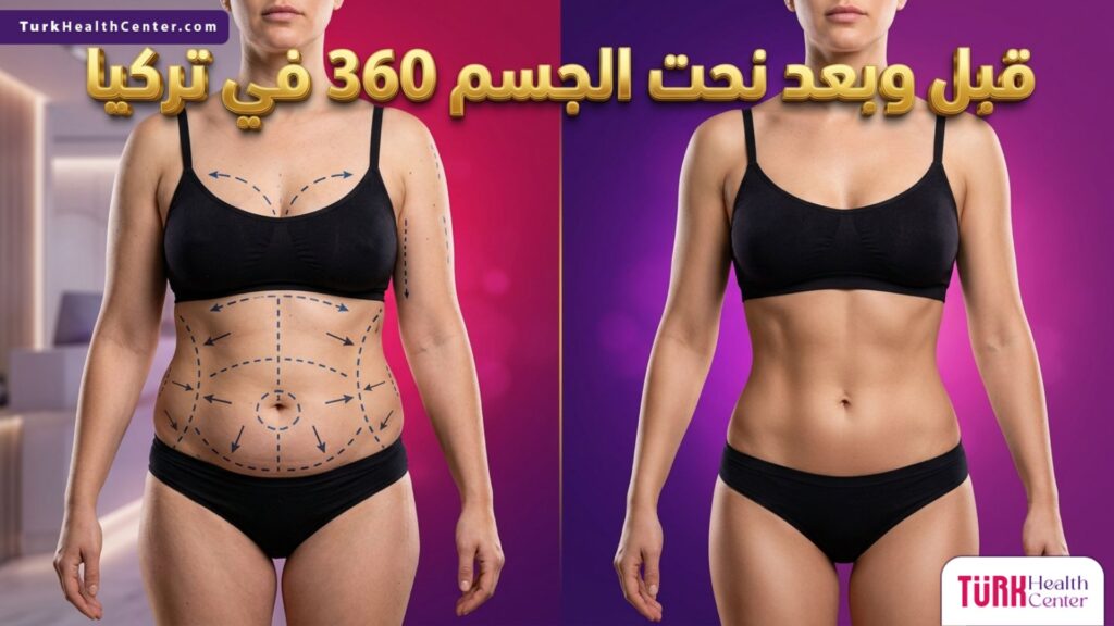 مقارنة تظهر التخطيط الجراحي قبل وبعد الخضوع لعملية نحت الجسم 360 في تركيا لضمان تناسق القوام.