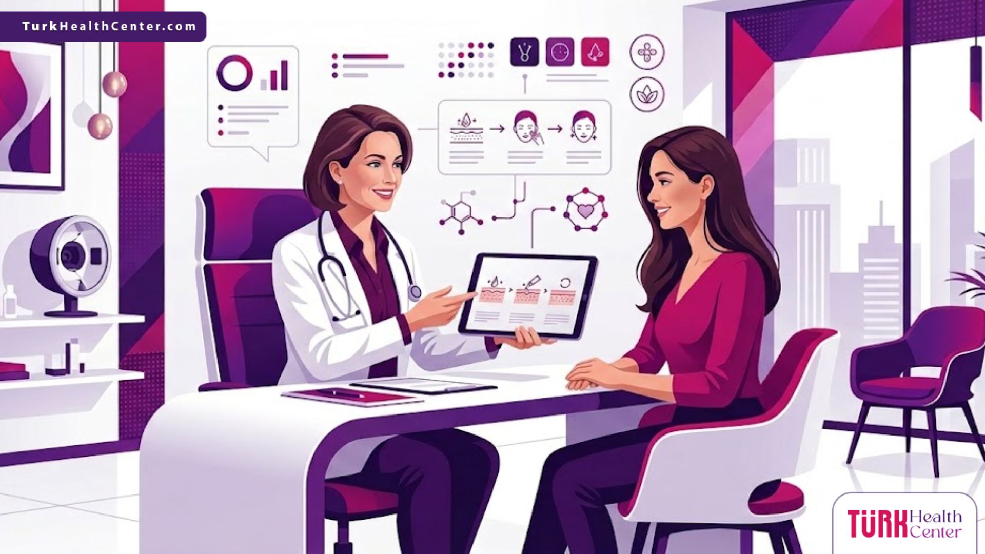 رسم توضيحي عصري لعيادة تجميل فخمة يشرح فيها الطبيب عملية التقشير الكيميائي للوجه لمريضة بأسلوب فيكتور احترافي 