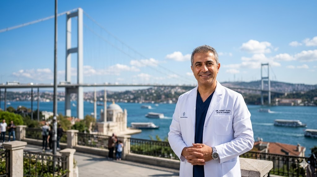  طبيب تجميل متخصص في عمليات تجميل الجفون في تركيا يقف أمام جسر البوسفور في إسطنبول في لقطة احترافية عالية الدقة.
