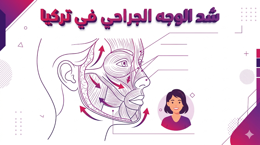 إنفوجرافيك طبي تشريحي يوضح تقنية SMAS المستخدمة في شد الوجه الجراحي في تركيا لرفع العضلات.