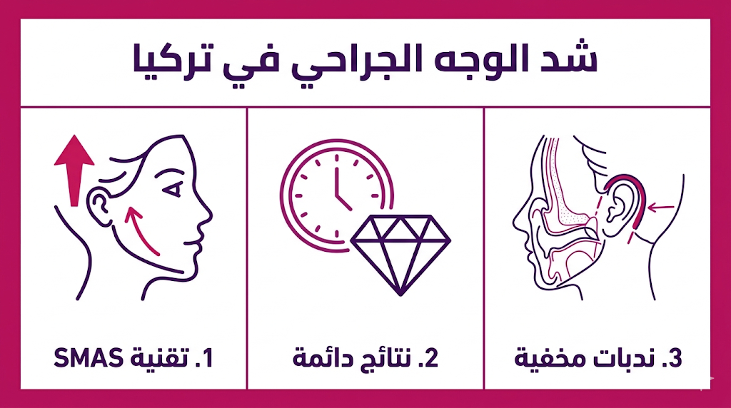 بوستر إنفوجرافيك لعملية شد الوجه الجراحي في تركيا يوضح تقنية الرفع والنتائج والندبات المخفية.