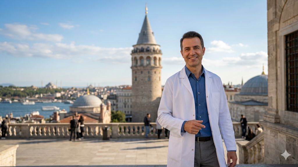 جراح تجميل خبير يقف أمام برج غالاتا في اسطنبول للإشارة إلى خدمات شد الوجه الجراحي في تركيا.