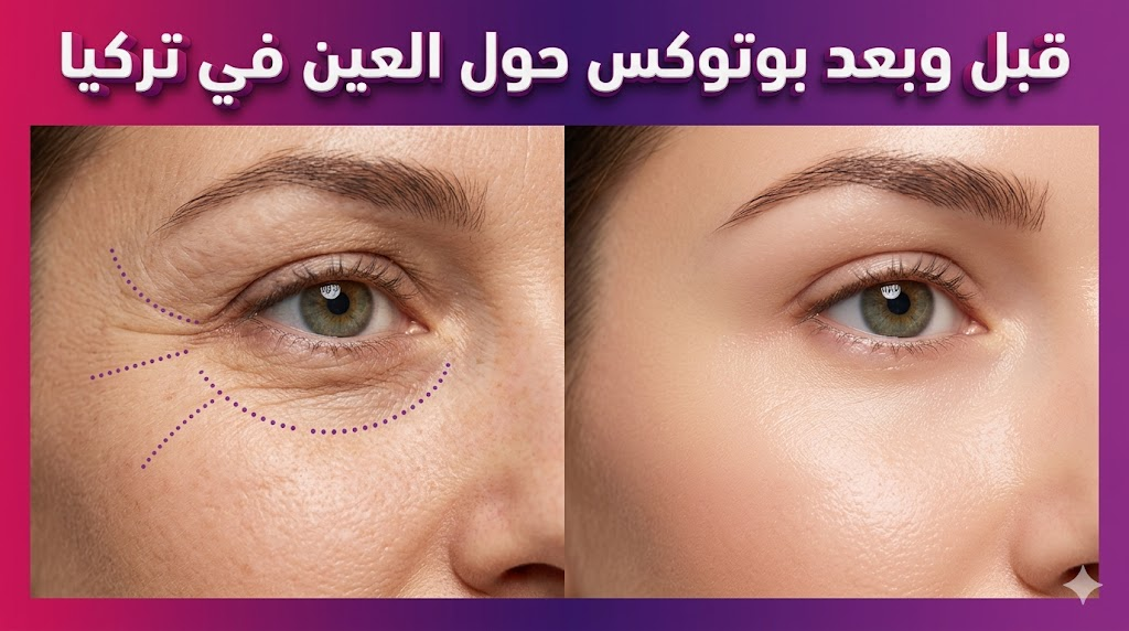 مقارنة قبل وبعد حقن بوتوكس حول العين في تركيا تظهر اختفاء التجاعيد تماماً.