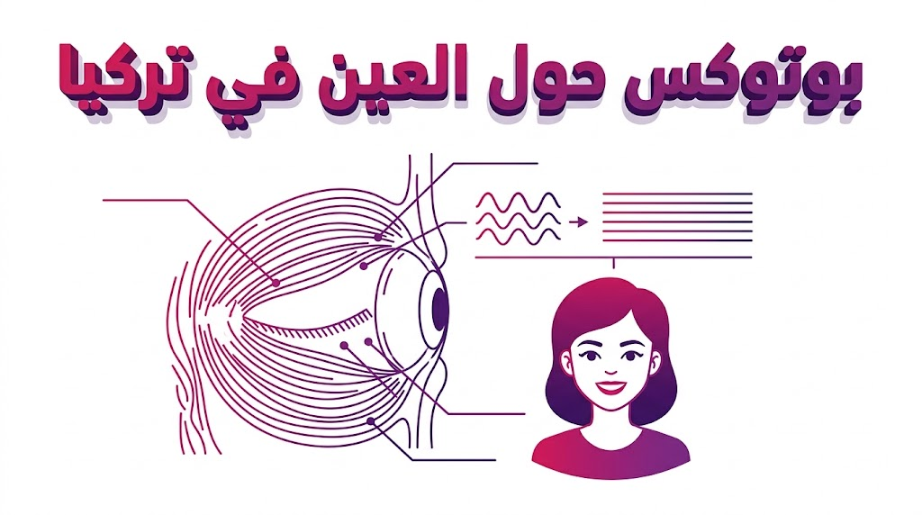 إنفوجرافيك طبي يوضح التشريح العضلي لمنطقة العين وكيفية عمل بوتوكس حول العين في تركيا.