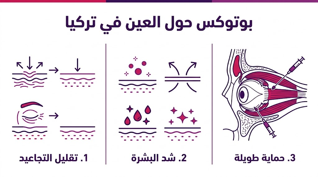 بوستر معلوماتي يوضح فوائد بوتوكس حول العين في تركيا في تقليل التجاعيد وشد البشرة.