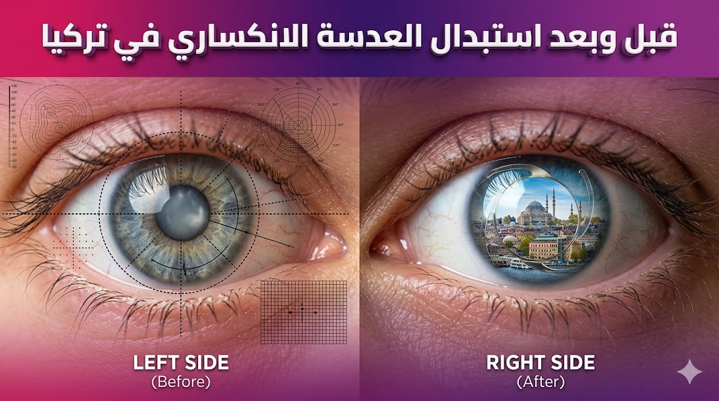 مقارنة قبل وبعد عملية استبدال العدسة الانكساري في تركيا تظهر دقة النتائج وتحسن الرؤية.