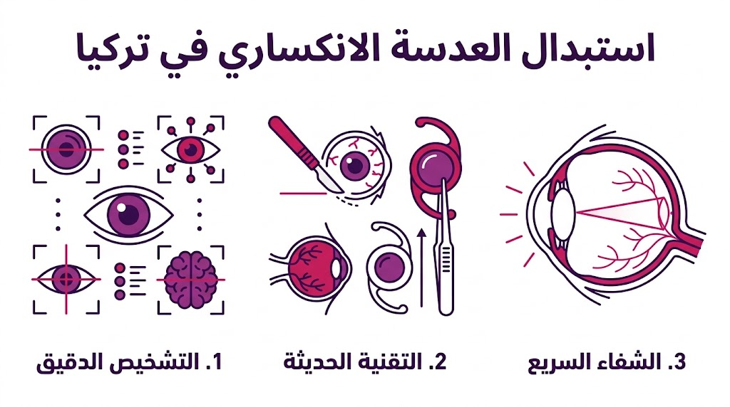  إنفوجرافيك طبي يشرح مراحل عملية استبدال العدسة الانكساري في تركيا من التشخيص إلى الشفاء.