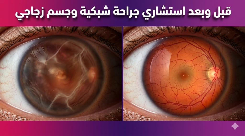 مقارنة قبل وبعد تظهر نجاح عملية الشبكية تحت إشراف استشاري جراحة شبكية وجسم زجاجي.