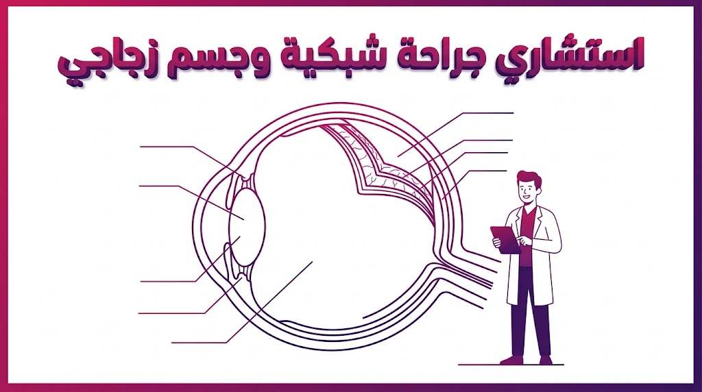  مخطط تشريحي يوضح أجزاء العين والشبكية من منظور استشاري جراحة شبكية وجسم زجاجي.