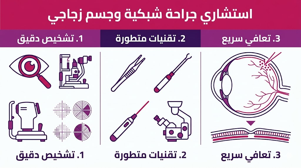  إنفوجرافيك طبي يوضح مراحل العلاج لدى استشاري جراحة شبكية وجسم زجاجي.