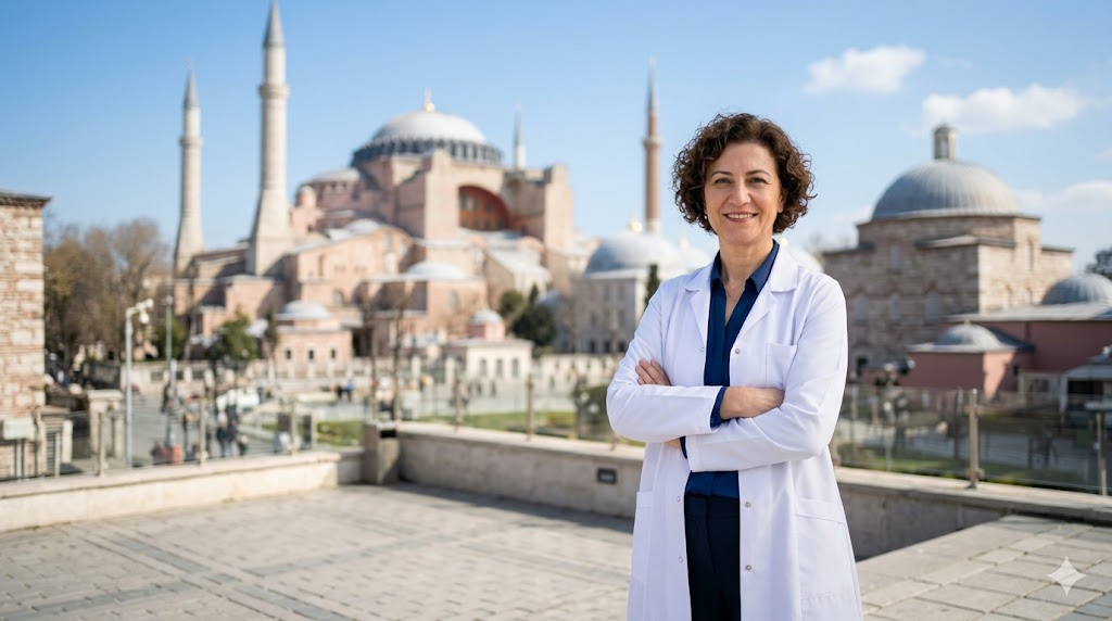 استشاري جراحة شبكية وجسم زجاجي يقف أمام جامع آيا صوفيا في إسطنبول بتركيا.