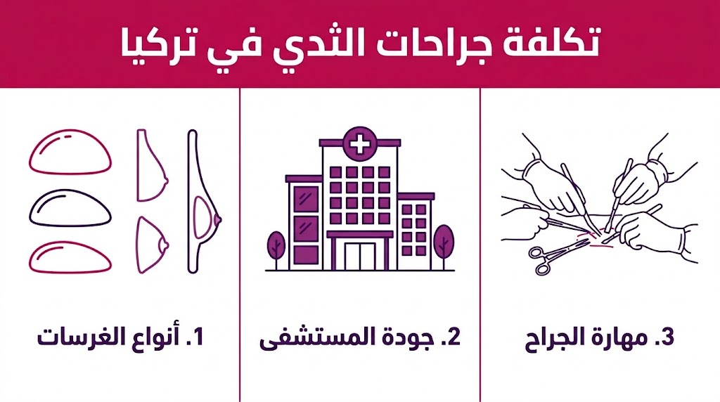  إنفوجرافيك يوضح العوامل الأساسية المؤثرة في تكلفة جراحات الثدي في تركيا من حيث الغرسات والمستشفى والخبرة.