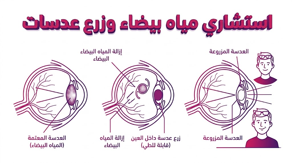  إنفوجرافيك تشريحي يوضح تقنية زرع العدسات المتقدمة التي يقوم بها استشاري مياه بيضاء وزرع عدسات.