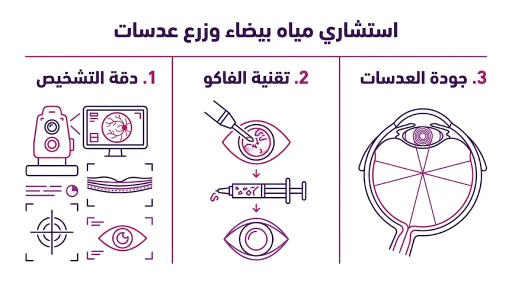  إنفوجرافيك تعليمي يلخص مراحل العلاج لدى استشاري مياه بيضاء وزرع عدسات باستخدام أحدث التقنيات.