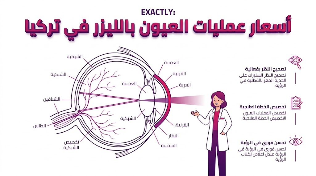  إنفوجرافيك طبي تشريحي يوضح آلية تصحيح النظر ضمن خدمات أسعار عمليات العيون بالليزر في تركيا.