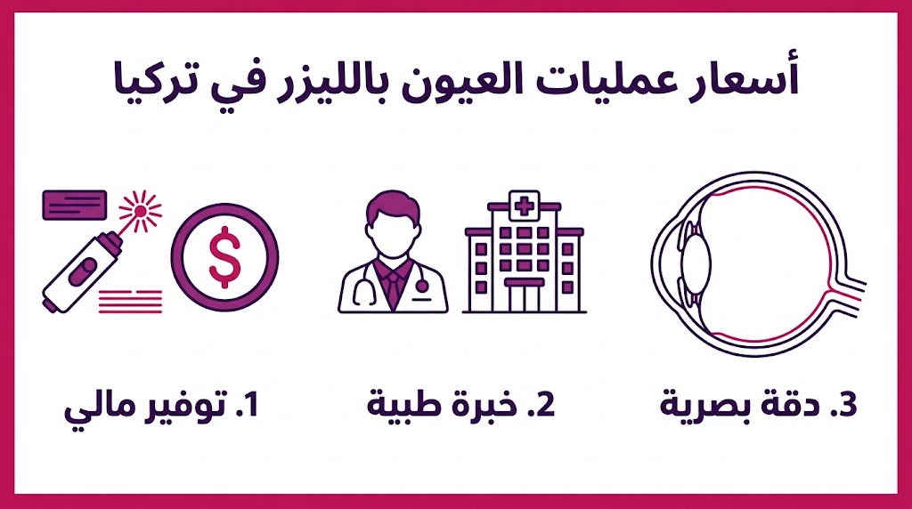  بوستر إنفوجرافيك يوضح مزايا أسعار عمليات العيون بالليزر في تركيا من حيث التكلفة والدقة.