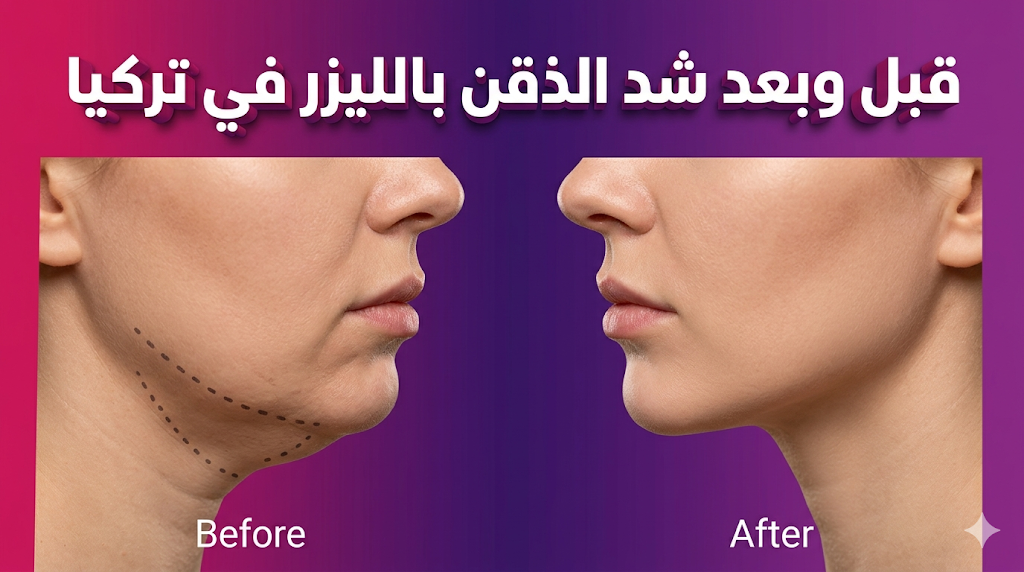 صورة قبل وبعد توضح نتائج شد الذقن بالليزر في تركيا وتحديد خط الفك بوضوح.