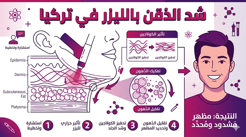 مخطط تشريحي يوضح آلية عمل الليزر في شد أنسجة الجلد خلال عملية شد الذقن بالليزر في تركيا.
