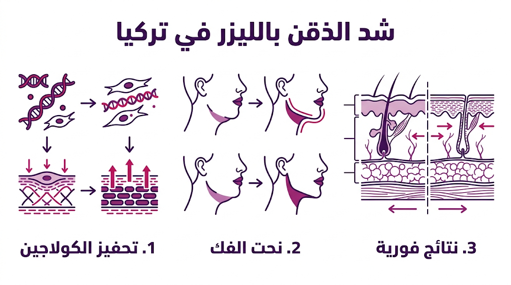 إنفوجرافيك تعليمي يستعرض المراحل الثلاث لعملية شد الذقن بالليزر في تركيا وفوائدها.