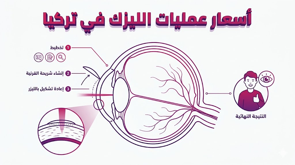 مخطط إنفوجرافيك تعليمي يوضح تشريح العين الطبي وكيفية عمل الليزر مع عنوان أسعار عمليات الليزك في تركيا.