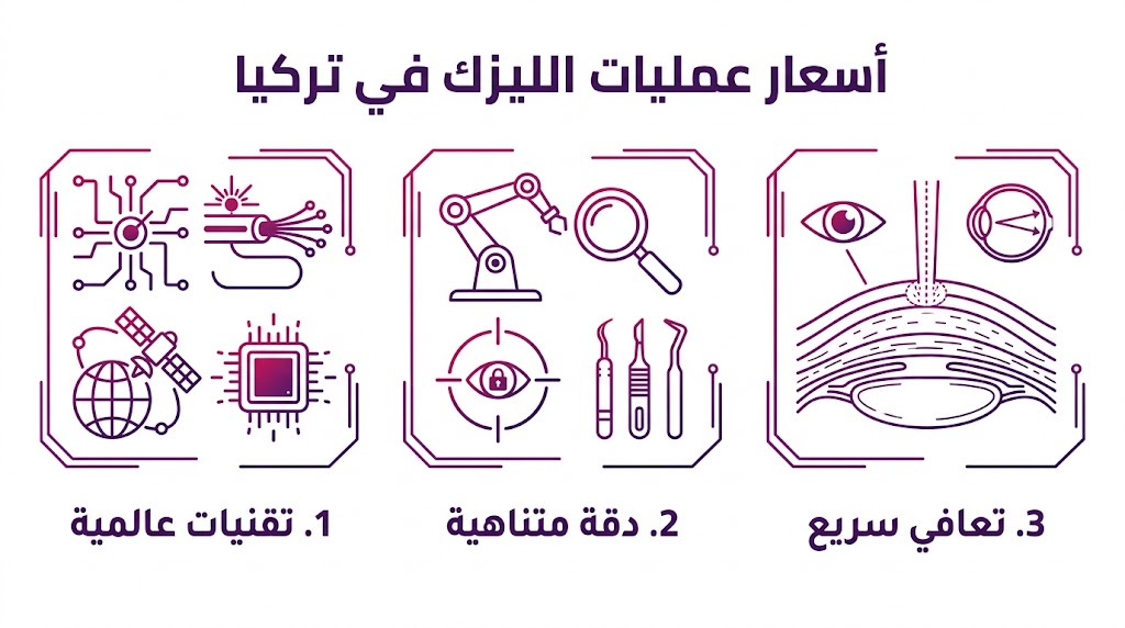 إنفوجرافيك مقسم لثلاثة أقسام يشرح مميزات الليزك التقنية مع ذكر أسعار عمليات الليزك في تركيا.