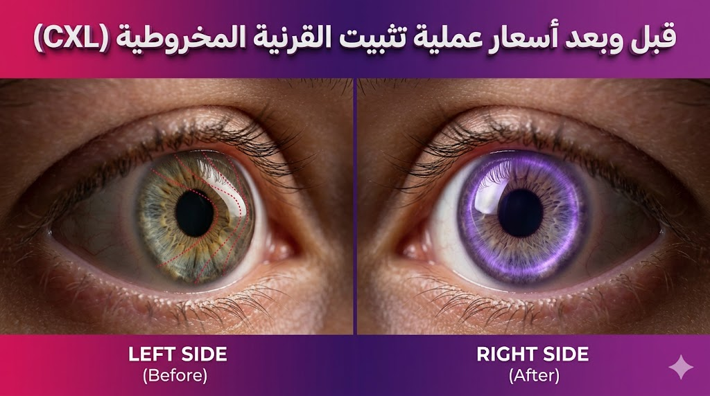 مقارنة قبل وبعد توضح تحسن استقرار العين بعد دفع أسعار عملية تثبيت القرنية المخروطية (CXL).