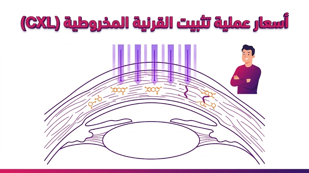 مخطط تشريحي يوضح آلية عمل تقوية أنسجة العين المرتبطة بـ أسعار عملية تثبيت القرنية المخروطية (CXL).
