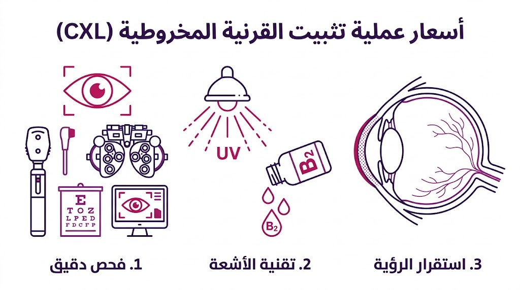 إنفوجرافيك تعليمي يستعرض مراحل ونتائج أسعار عملية تثبيت القرنية المخروطية (CXL).