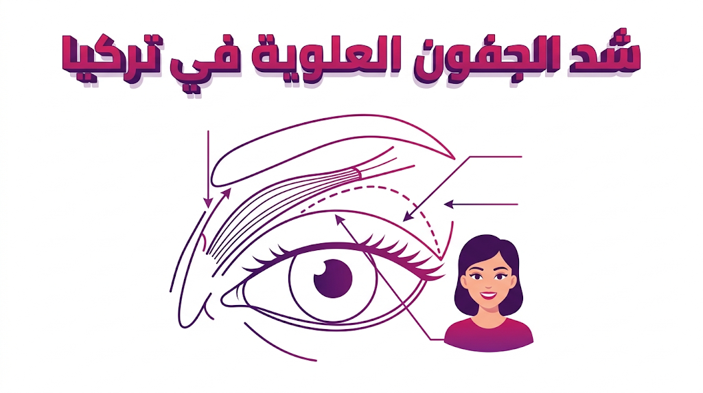 إنفوجرافيك تشريحي يوضح تفاصيل عملية شد الجفون العلوية في تركيا مع رسم تخطيطي للعضلات والجلد المستهدف.