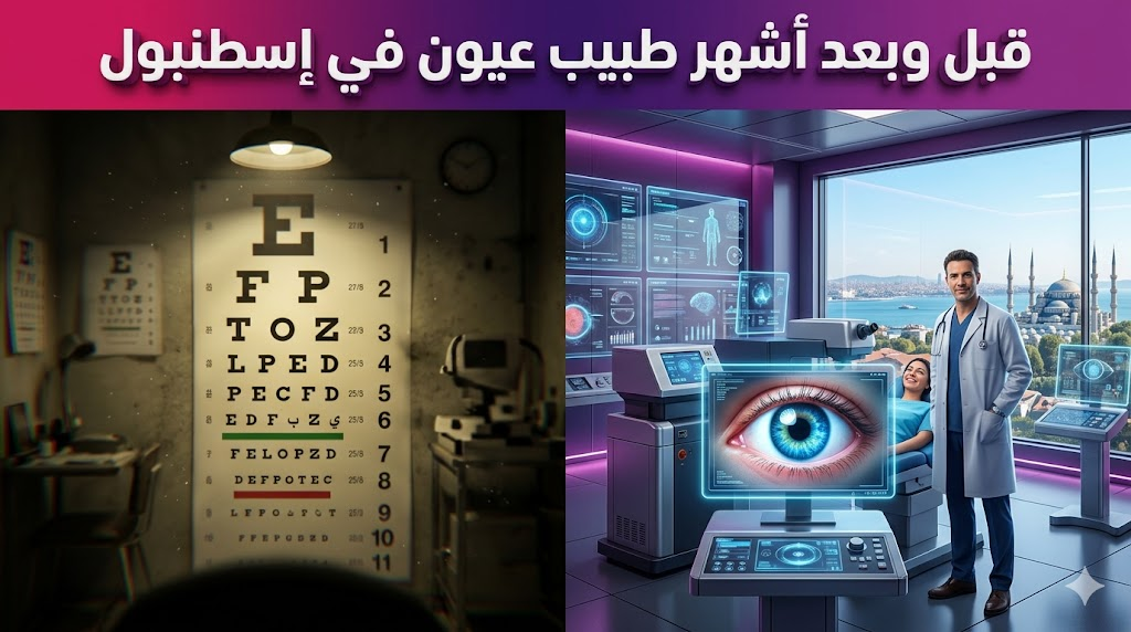  مقارنة بين الرؤية المشوشة والنتائج المذهلة بعد زيارة أشهر طبيب عيون في إسطنبول مع نص ثلاثي الأبعاد.