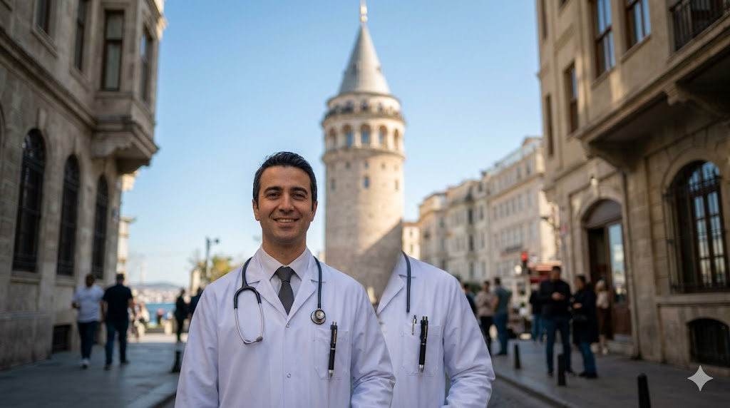 : صورة فوتوغرافية احترافية يظهر فيها أشهر طبيب عيون في إسطنبول أمام برج غالاتا التاريخي.