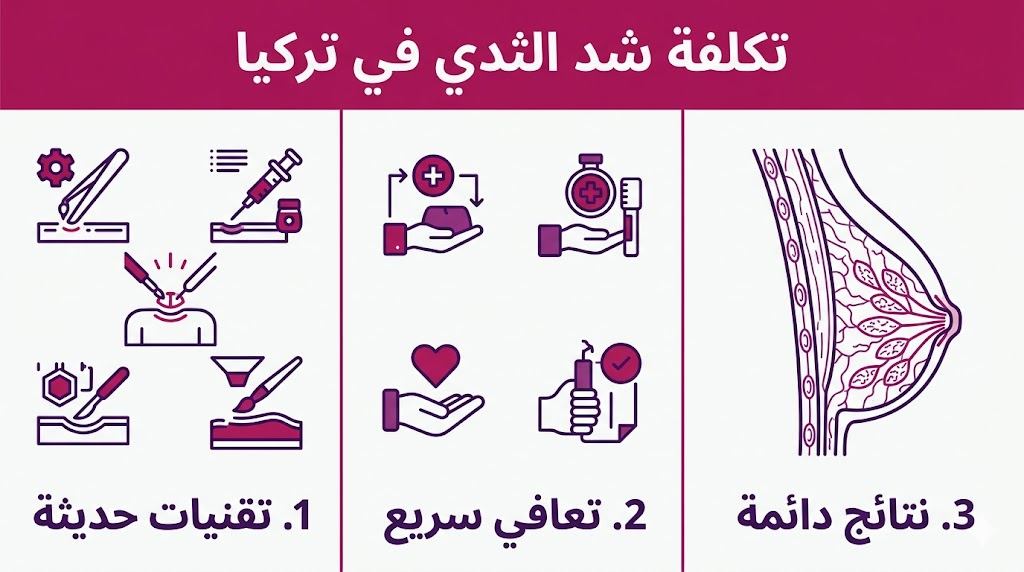  بوستر إنفوجرافيك مقسم لثلاثة أقسام يشرح التقنيات والتعافي و تكلفة شد الثدي في تركيا.