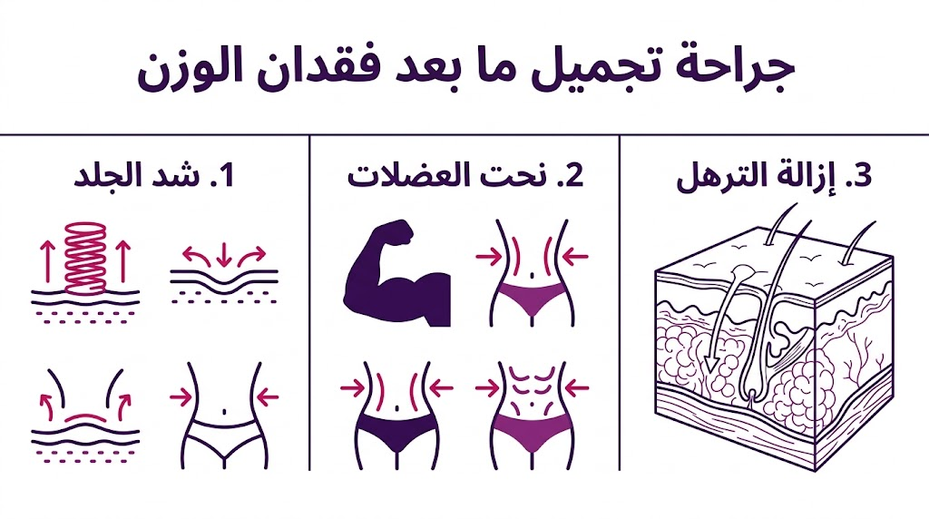 ملصق إنفوجرافيك تعليمي يلخص الفوائد الثلاث الرئيسية لعملية جراحة تجميل ما بعد فقدان الوزن.