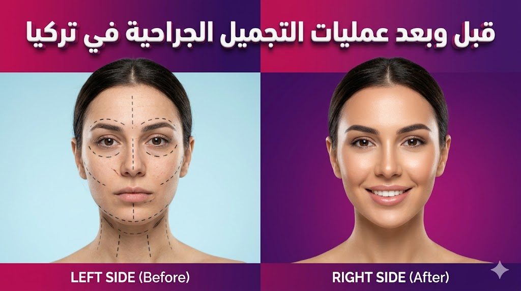 صورة "قبل وبعد" توضح نتائج عمليات التجميل الجراحية في تركيا مع علامات التخطيط الجراحي والنتيجة النهائية المثالية.