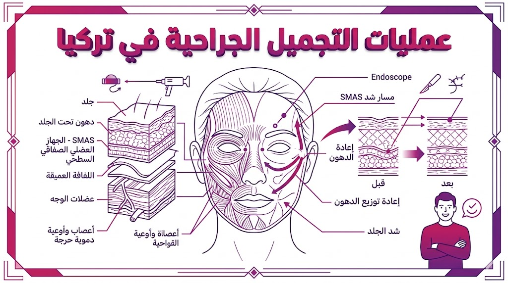 مخطط إنفوجرافيك طبي يشرح التشريح الدقيق والعلم الكامن وراء عمليات التجميل الجراحية في تركيا بأسلوب فني راقٍ.