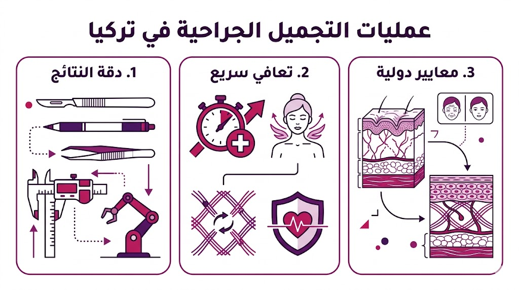  بوستر إنفوجرافيك يوضح أهم 3 مميزات لـ عمليات التجميل الجراحية في تركيا وهي دقة النتائج، التعافي السريع، والمعايير الدولية.