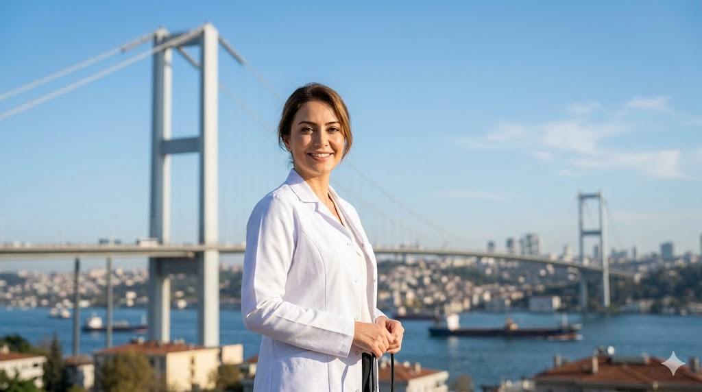 طبيب تجميل متميز يقف أمام جسر البوسفور في اسطنبول، يرمز لنجاح عمليات التجميل الجراحية في تركيا.