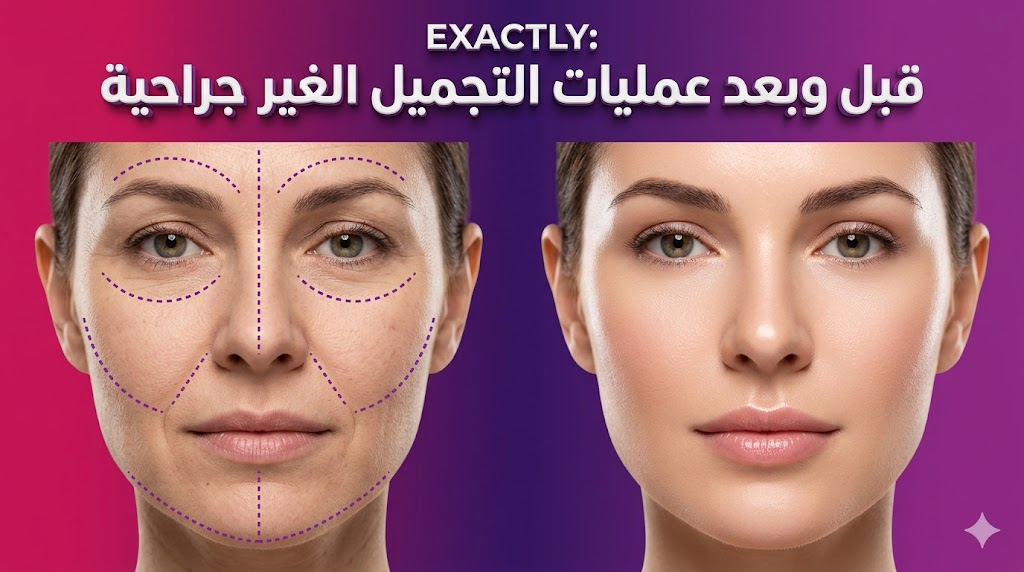  مقارنة "قبل وبعد" توضح نتائج عمليات التجميل الغير جراحية على البشرة مع خطوط إرشادية طبية.