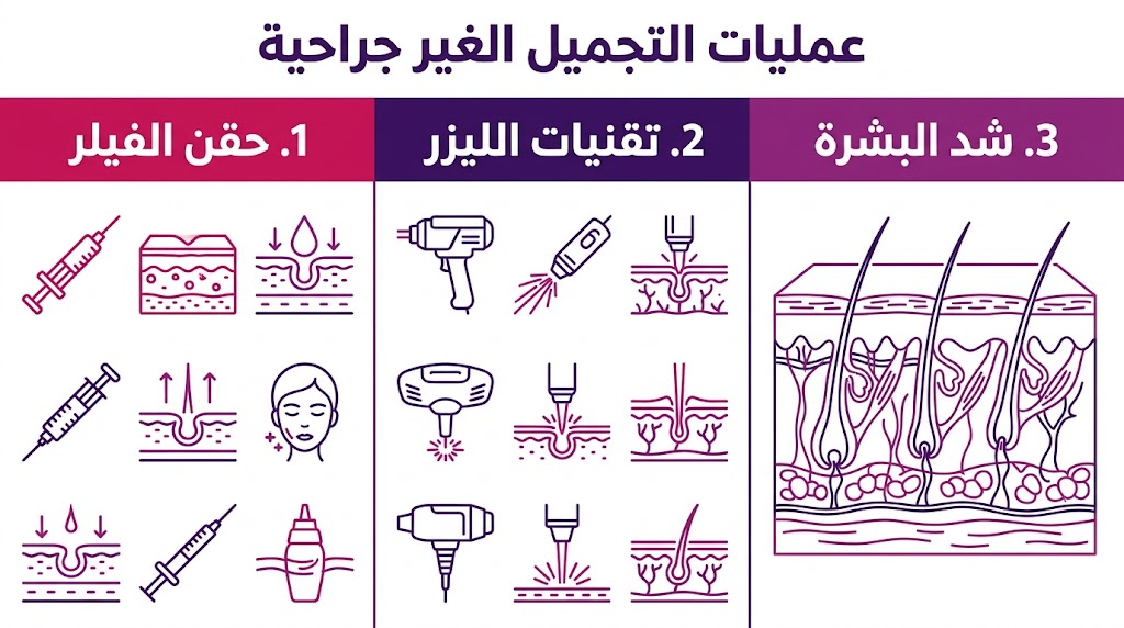بوستر إنفوجرافيك يوضح ثلاثة أنواع رئيسية من عمليات التجميل الغير جراحية: الفيلر، الليزر، وشد البشرة.