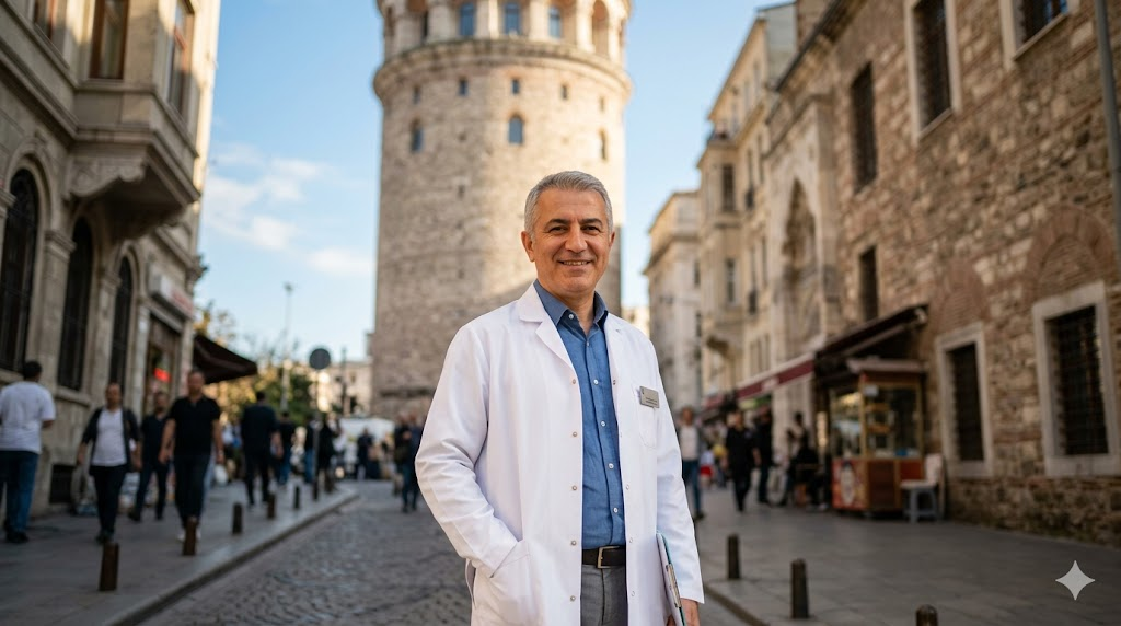 طبيب تجميل مختص في عمليات التجميل الغير جراحية يقف أمام برج غالاتا في اسطنبول.