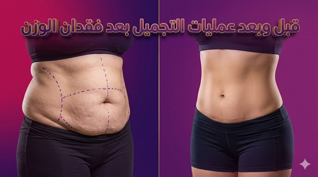 مقارنة واقعية قبل وبعد عمليات التجميل بعد فقدان الوزن تظهر التخلص من الجلد المترهل والحصول على بطن مشدود.