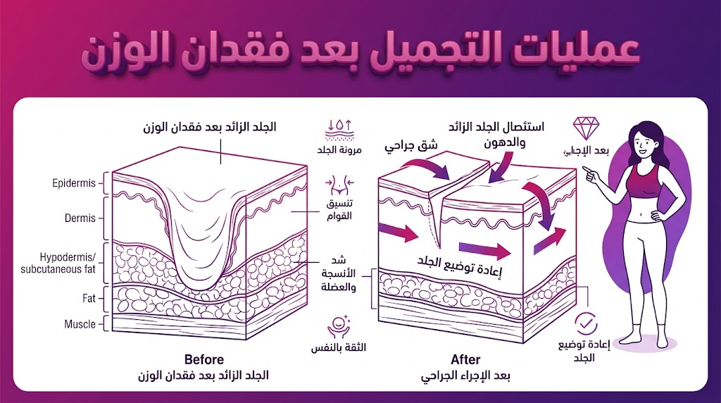  إنفوجرافيك طبي بأسلوب الفيكتور يوضح التشريح العلمي لعملية شد الترهلات ضمن عمليات التجميل بعد فقدان الوزن.