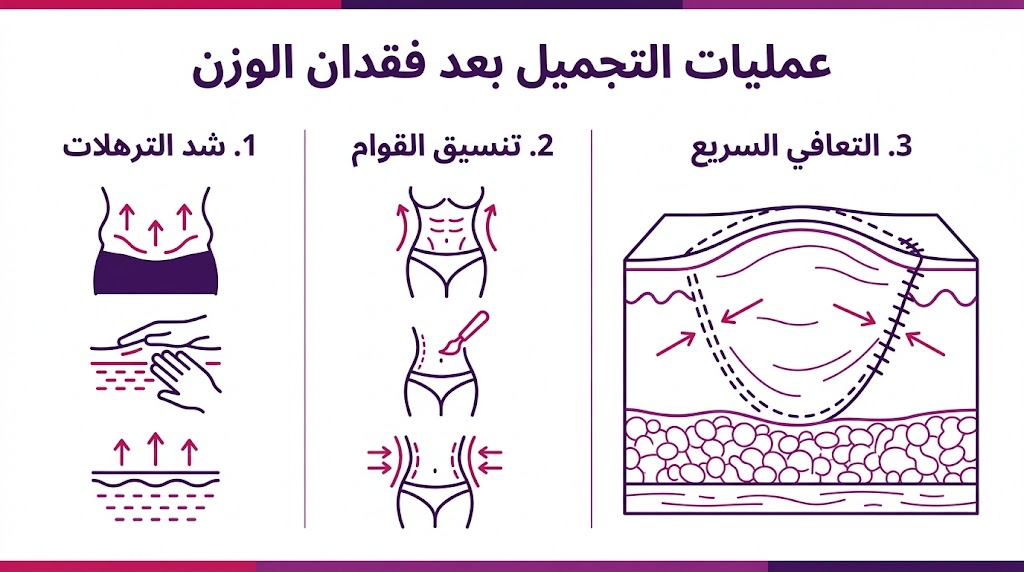  بوستر إنفوجرافيك مقسم لثلاثة أقسام يشرح فوائد عمليات التجميل بعد فقدان الوزن وهي شد الترهلات وتنسيق القوام والتعافي.