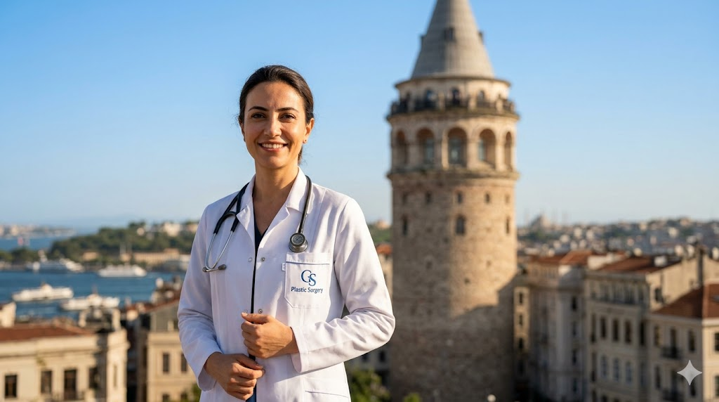 جراح تجميل خبير يقف أمام برج غالاتا في إسطنبول، يمثل وجهة السياحة العلاجية لإجراء عمليات التجميل بعد فقدان الوزن.
