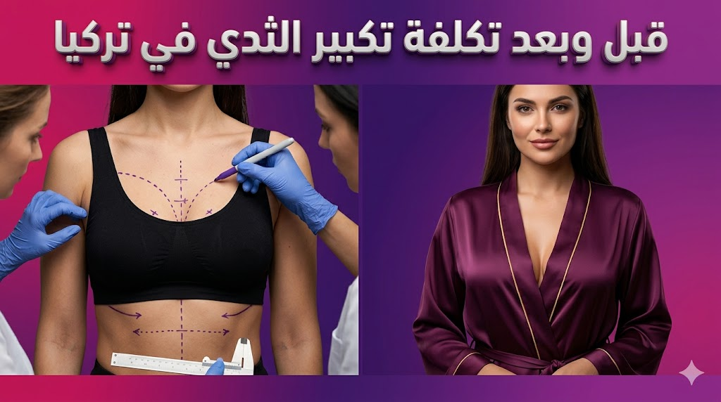 مقارنة "قبل وبعد" توضح نتائج و تكلفة تكبير الثدي في تركيا مع نص عربي ثلاثي الأبعاد وخلفية أرجوانية فاخرة.