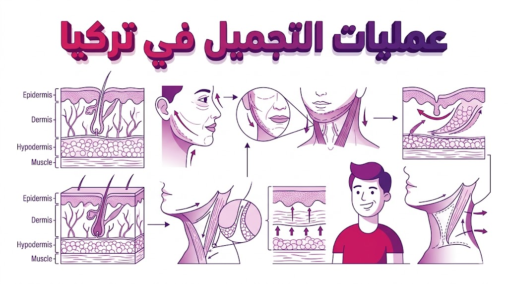 إنفوجرافيك طبي يوضح المخطط التشريحي والعلمي المتبع في عمليات التجميل في تركيا.