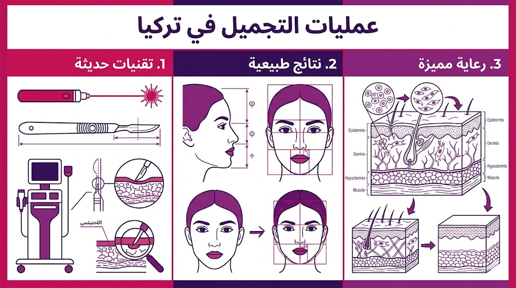  بوستر إنفوجرافيك يبرز أهم ثلاث ركائز لنجاح عمليات التجميل في تركيا وهي التقنيات والنتائج والرعاية.