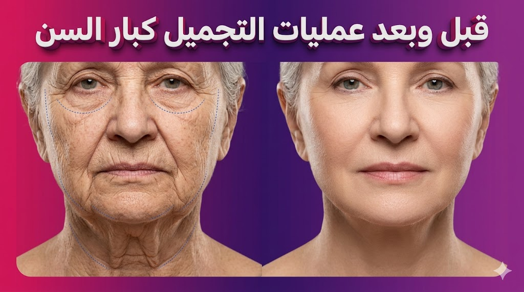 مقارنة قبل وبعد عمليات التجميل كبار السن توضح شد الوجه وإزالة الترهلات للحصول على مظهر أكثر شباباً.