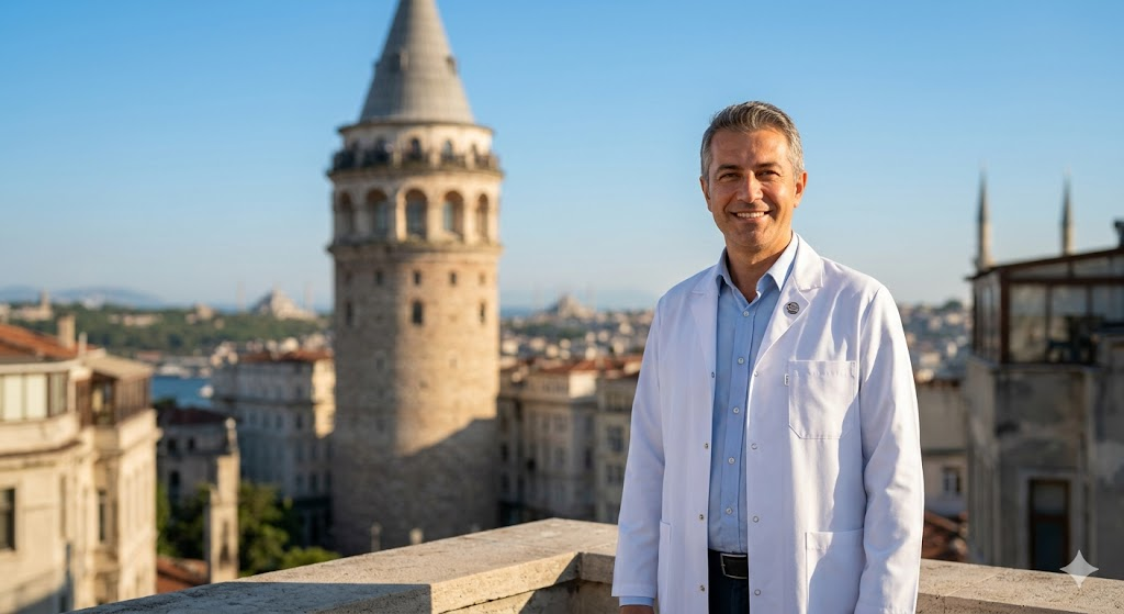  جراح تجميل متخصص في عمليات التجميل كبار السن يقف أمام برج غالاتا في تركيا، وجهة السياحة العلاجية الأولى.