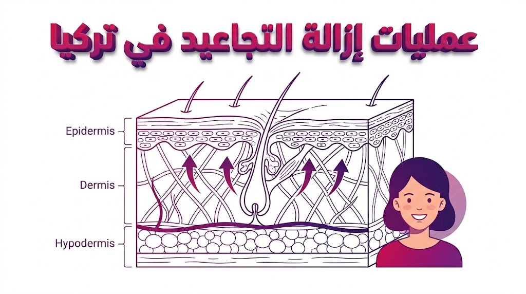 إنفوجرافيك طبي يشرح تشريح الجلد وكيفية تأثير عمليات إزالة التجاعيد في تركيا على شد الأنسجة وتجديد الكولاجين.